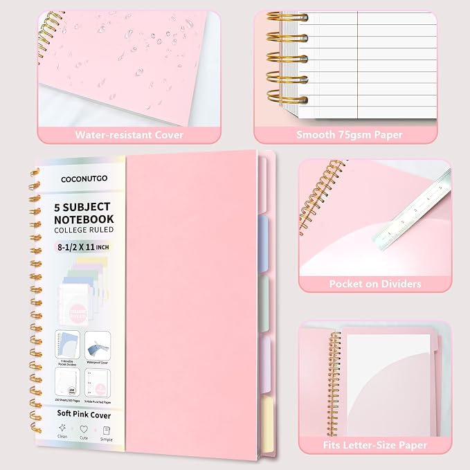 5 Subject Spiral Notebook, College Ruled, 150 Sheets, Pink Plastic Cover, 5 Movable Pastel Tab Dividers with Pockets, 3-Hole Punched, 75gsm Paper, Writable Stickers, Fits 8.5 x 11 in Paper