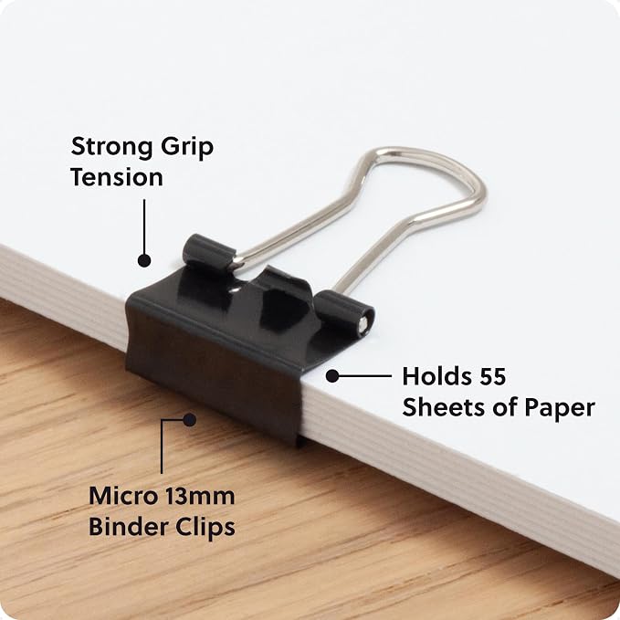 U Brands Binder Clips, Micro 1/2-Inch Width, 1/5-Inch Paper Holding Capacity, Black and Silver Steel, 100-Count - 650U08-24