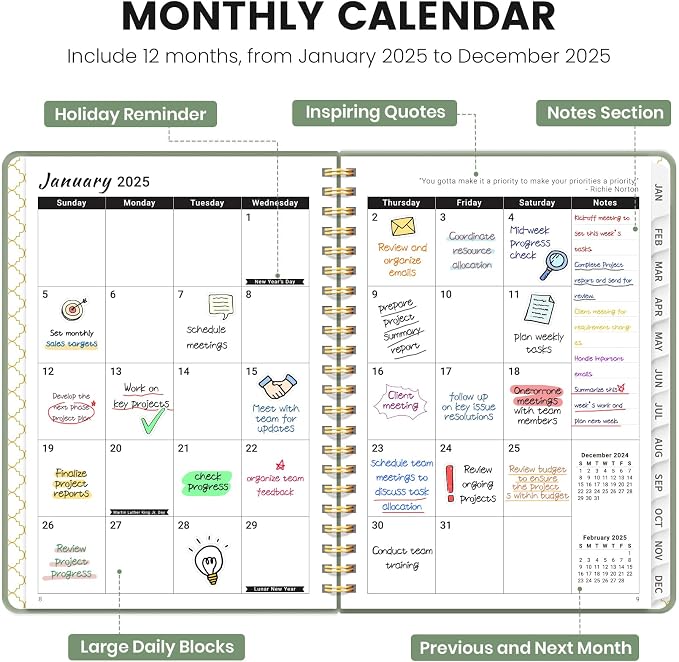 2025 Planner Weekly and Monthly, Jan 2025 to Dec 2025, Hardcover 2025 Calendar Planner Book with Tabs & Inner Pocket, Office Home School Supplies for Women & Men - A5 (6.3" x 8.5"), Spiral Bound, Green