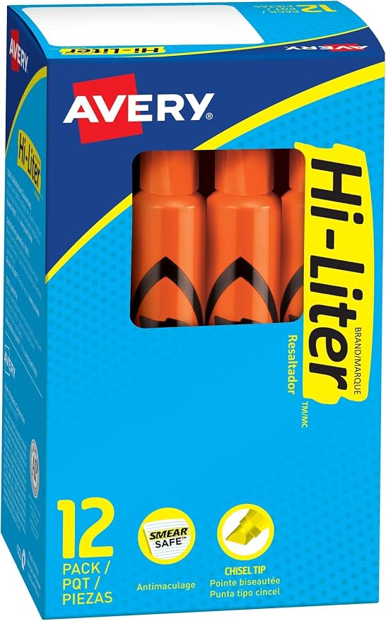 Avery Hi-Liter Desk-Style Highlighters, Smear Safe Ink, Chisel Tip, 12 Fluorescent Orange Highlighters (24050) (Pack of 12)