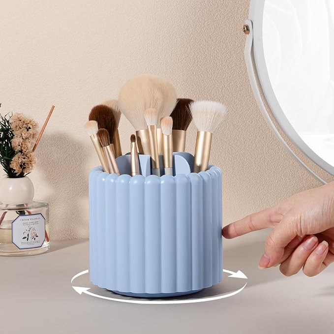 Rotating Makeup Brush Holder Organizer with Removable Dividers, Blue | 7 Slots Make Up Brush Organizer 360 Spinning Cosmetic Storage Pen Holder for Desk, Vanity, Dresser