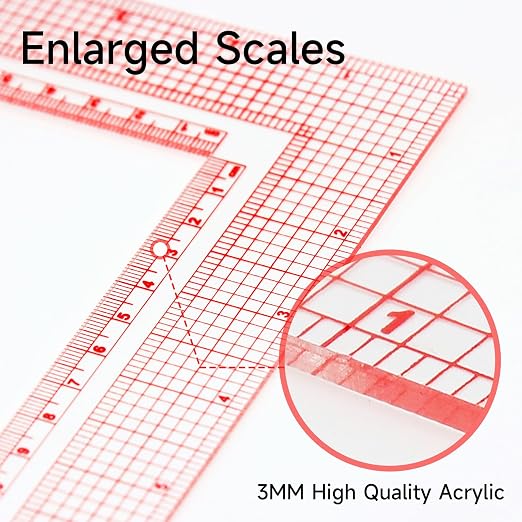 YLaziion 12" Acrylic L-Square Sewing Ruler, Right Angle Quilting Tool | 3mm non-yellowing clear acrylic, French curve, Enlarged Scale for pattern making, fashion design, tailoring, grading & crafts