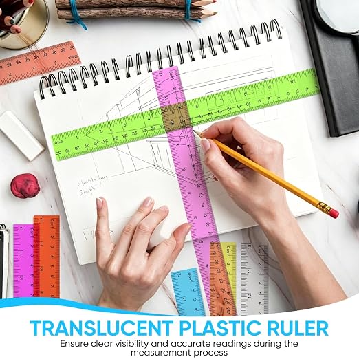 SenseYo 48 Pcs Clear Plastic Rulers 12 Inch Color Transparent Ruler with Centimeters and Inches for Kids Classroom Office Supplies