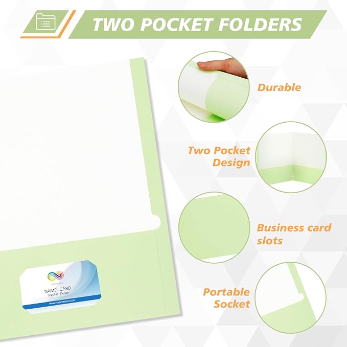 50 Packs Two Pocket Folders,Two Pocket File Folders with Business Card Slot,Light Green,Letter Size,Paper Folders with Pockets for School Office Home Business