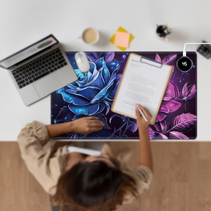 Heated Desk Pad Large Mouse Pad 23.6 x 14.1 inch with 3 Levels Heating & Auto Shut-Off Warm Mouse pad PU Leather Computer Mousepad for Home Office Work - Blue and Purple Rose Flower