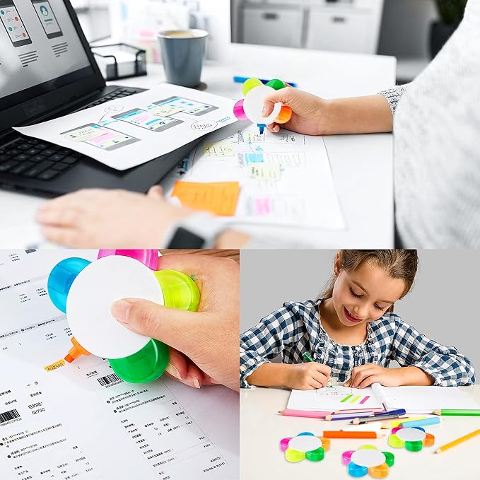 6 Pieces Petals Highlighters Flower and Star Shape Highlighter Cute Watercolor Highlighter Pens 5 in 1 Fluorescent, Brush Tip for Office Stationery Supplies Back to School 5 Colors