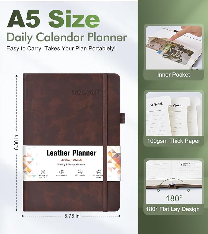 Planner 2026-2027, Academic Weekly and Monthly Calendar Planner from July 2026 - June 2027, Hardcover Leather Daily Agenda Book with Tabs, College School Organizer for Student Teacher, A5 (5.75" x 8.38"), Brown