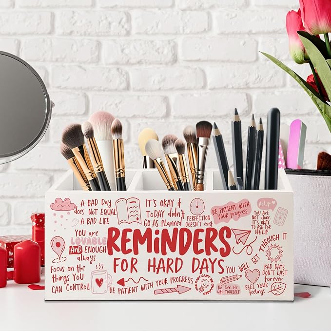 Bookmark Holder Decor Wooden Pen Pencil Holder for Desk, Reminders for Hard Days Wood Makeup Holder Organizer for Room Library