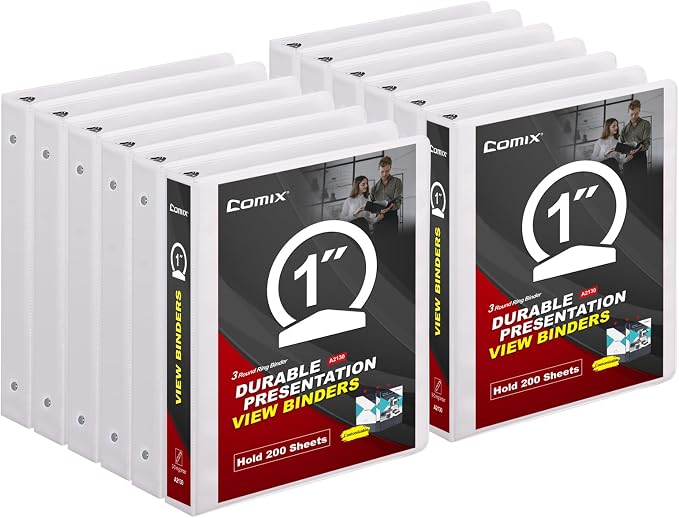 Comix Sturdy 3 Ring Binder 1 inch with Clear View Cover, 1" Round Ring View Binder, PVC-Free, 2.4mm-Thick, 200 Sheets Capacity of US Letter Size Paper, Office ＆ School Supplies, Pack of 12 (White)