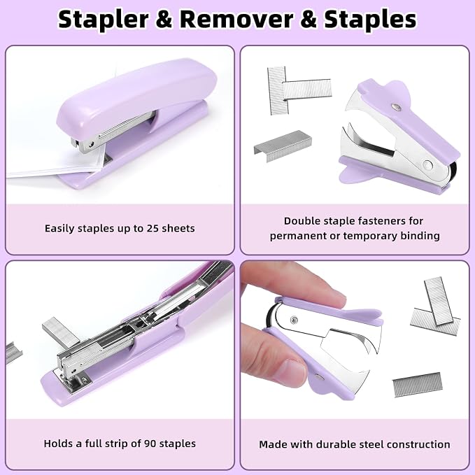 VZZNN Purple Office Supplies Set - 12-Piece Desk Organizer with 360° Pen Holder, Tape Dispenser, Stapler, Scissors, Ruler, Staple Remover, 1000 Staples, Tape, Clips, Sticky Tabs & Notes