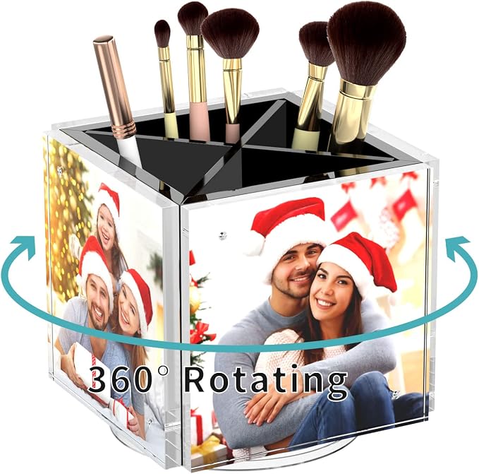 HIIMIEI Acrylic Picture Frames for Desk, Magnetic Photo Cube Pen Holder 4x4 | 360° Rotating Desktop Organizer, for Pencil, Makeup Brushes, Home, Office, Black