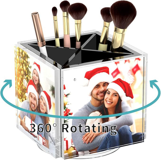 HIIMIEI Acrylic Picture Frames for Desk, Magnetic Photo Cube Pen Holder 4x4 | 360° Rotating Desktop Organizer, for Pencil, Makeup Brushes, Home, Office, Black