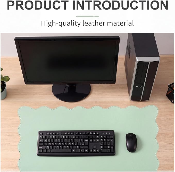 Tellegloww Scalloped Desk Mat Leather Desk Pad Protector Non-Slip PU Leather Table Protector Waterproof Mouse Pad Keyboard Mat Curly Mousepad PC Accessories Gift for Office Home (Sage Green)
