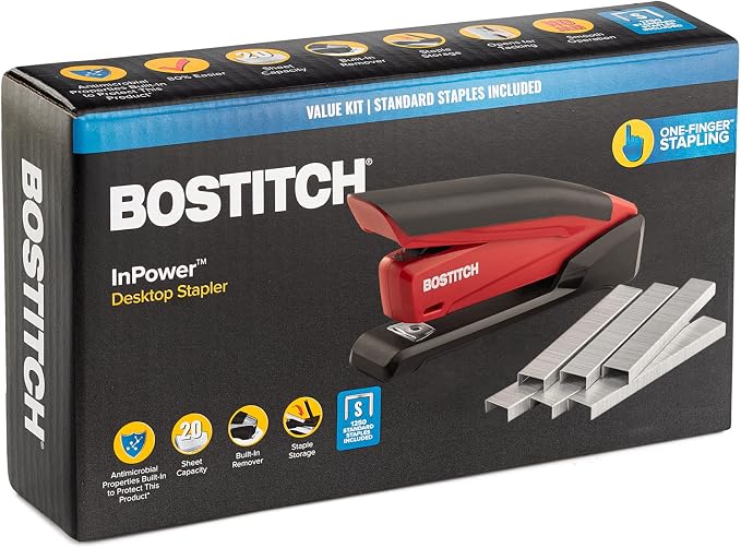 Bostitch Stapler - InPower, One Touch Heavy Duty Red Office Stapler | Bostitch Stapler with Built-in Staple Remover, 20 Sheet Capacity, Includes 1260 Staples