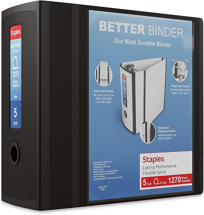 Staples Better Binder, 5" Extra‑Capacity D‑Ring Heavy‑Duty Binder, Black, Reinforced Spine, Holds 1,050 Sheets, High‑Capacity Organizer for Office & Records, 2‑Pack