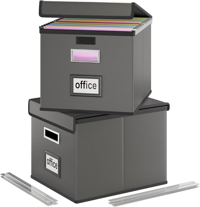 File Organizer Boxes with Lids, Collapsible Faux Leather Hanging File Folder Box Organizer with Plastic Slide, Decorative Home/Office Filing System Boxes for File and Folders Storage