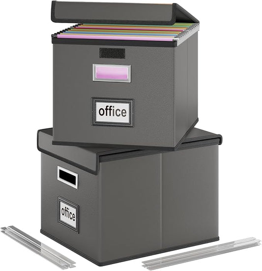 File Organizer Boxes with Lids, Collapsible Faux Leather Hanging File Folder Box Organizer with Plastic Slide, Decorative Home/Office Filing System Boxes for File and Folders Storage