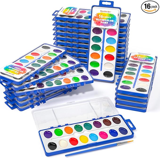 Shuttle Art 16 Colors Watercolor Paint Set Bulk, Pack of 24, Watercolor Paint Set with Paint Brushes for Kids and Adults, Washable Paint for Classroom, Parties, Kindergarten and Art Activities