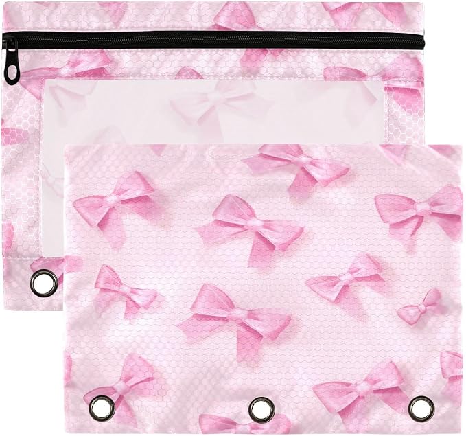 Bow Tie Pencil Pouch Fits Standard 3-Ring Binders, Zipper Binder Pencil Bag with Clear Window for Office 2 Pack