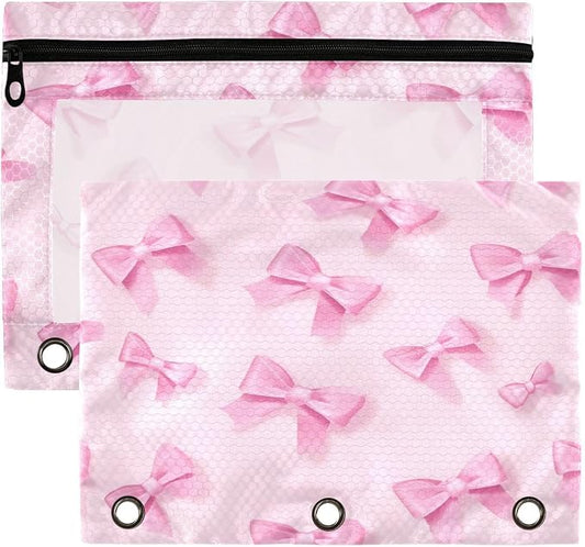 Bow Tie Pencil Pouch Fits Standard 3-Ring Binders, Zipper Binder Pencil Bag with Clear Window for Office 2 Pack