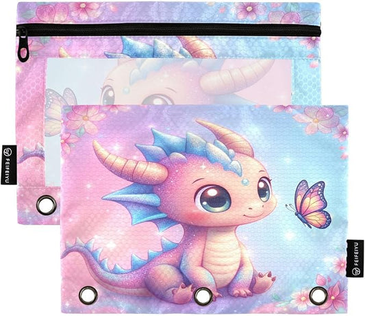 Gredecor 3 Ring Binder Pencil Pouch, Adorable Dragon Butterfly Zippered Pen Case Pouches with Clear Window, 2 Pack Stylish Office & School Supplie