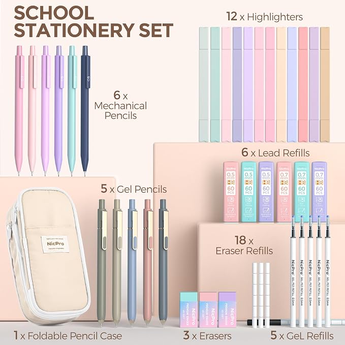 Nicpro School Supplies Stationary Set with Pencil Case, 39 PCS Cream | Back to Schoo Supplies, Pen Case with 12 Highlighter, 5 Gel Pen, 6 Mechanical Pencil, Essentials for College, Nursing Student