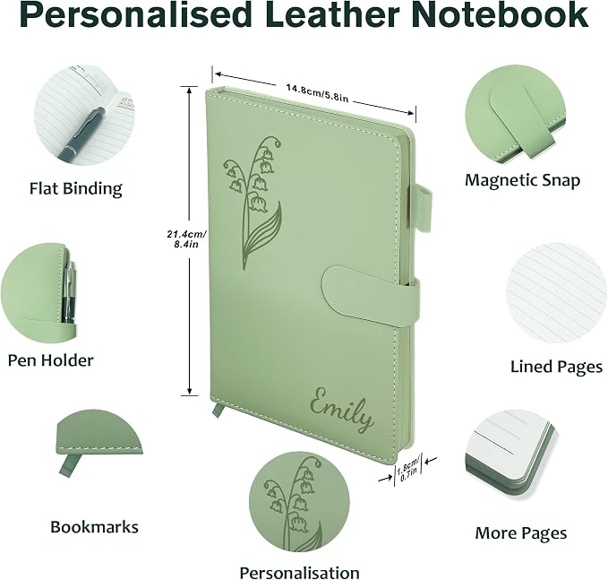 Personalized Leather Journal with Gifts Box & Pen, Birthday Gifts for Women | Custom Notebooks Diary with Engraved Birth Flower Name, Christmas Office Gift for Bridesmaid Students Teacher Mom Friend