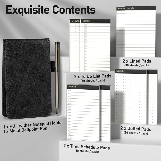 WEMATE 10 Pieces Small Notepad Holder Set Pocket Notebook - Included Mini Pocket Notepad Holder Set with 8 Memo Book Refills and Metal Pen for Meetings, Daily Records, and Notes 3 x 5 Inch (Black) | Mini Notepad Holder with 8 Memo Refills & Metal Pen, ...
