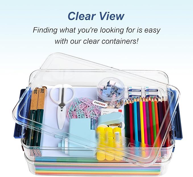 CATOOMUU 16-Pack 9x13 Shallow Flat Clear Plastic Storage Boxes | 5.5Qt stackable cases with lids, snap-tight latch container for paper, A4 files, documents, scrapbook, craft, art supplies