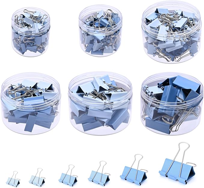 Temiary Metal Binder Clips, Assorted Sizes Extra Large, Large, Medium, Small, Mini, Micro Binder Paperwork Clip, Morandi Colored Paper Clamps Bulk for Office, Home, School (Blue 208P)