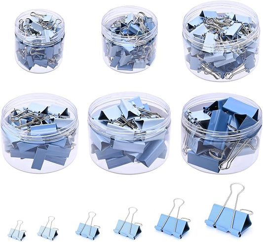 Temiary Metal Binder Clips, Assorted Sizes Extra Large, Large, Medium, Small, Mini, Micro Binder Paperwork Clip, Morandi Colored Paper Clamps Bulk for Office, Home, School (Blue 208P)