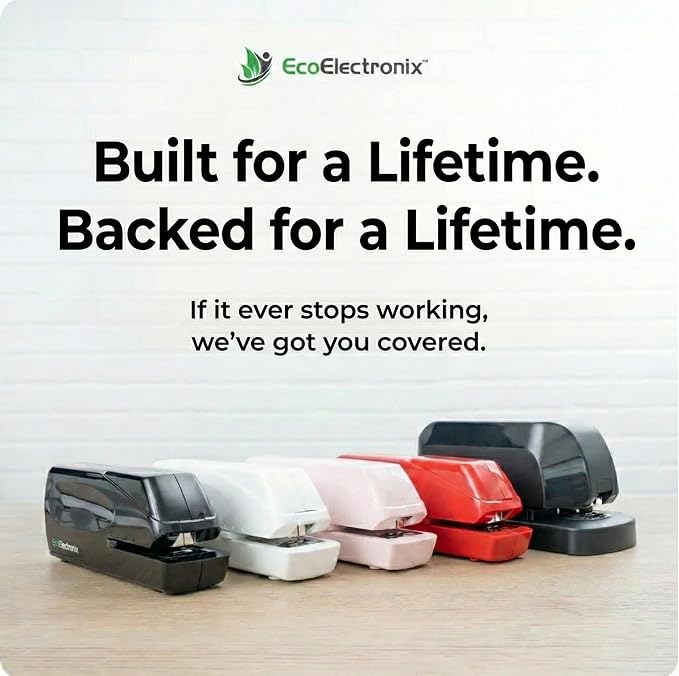 EcoElectronix Portable Automatic Electric Stapler Pro - 30 Sheet Capacity, Quiet Operation, Jam-Free and Easy Reload - AC Adapter/Battery Powered (Red)