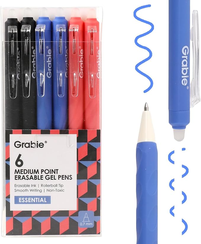 Grabie Erasable Gel Pens, Medium Point 0.7 mm Erasable Pens, Make Mistakes Disappear for Drawing Writing Planner, Pack of 6, Black/Blue/Red