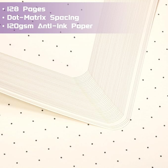 Dotted Journal/Notebook - Dot Grid Hard Cover Notebook, Premium Thick Paper with Fine Inner Pocket, Black Smooth Faux Leather, Pen Loop, 5.3'' x 8.26'' - Macaron Purple