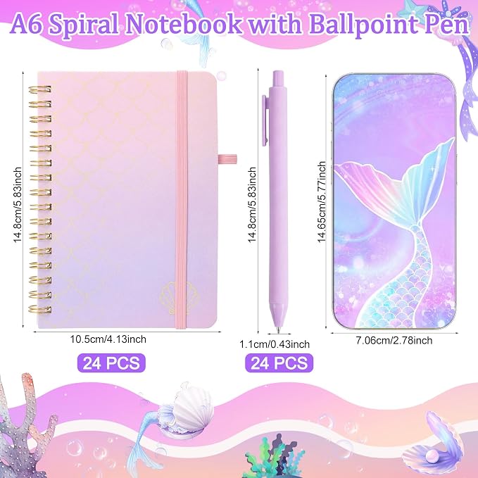 Fulmoon 24 Set Mermaid A6 Spiral Notebook with Ballpoint Pens 50 Sheets, 4"x 6" Small College Ruled Notepads Journaling Notebooks Bulk Mermaid Party Gifts for Back to School Supplies Offices Team