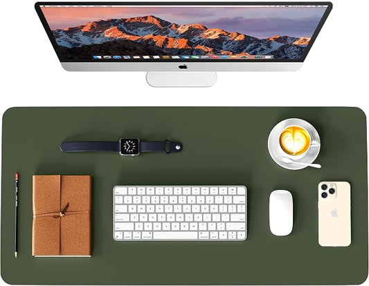 Leather Desk Pad Protector, Waterproof Mouse Pad, PU Desk Mat, Office Desk Cover, Desk Writing Mat for Office/Home/Work/Cubicle (Green/Gray) 23.6x13.7 in