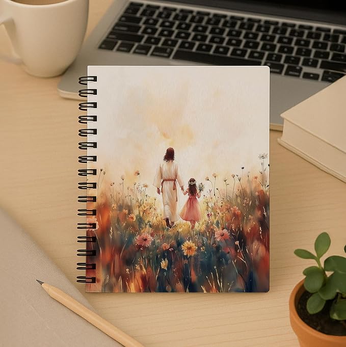 Christian Notebook – Jesus and Little Girl in Floral Field – Inspirational Faith Journal with Sunset Art – Lined Spiral Diary for Women & Girls, Spiral Bound 5.5x8.3 Inches