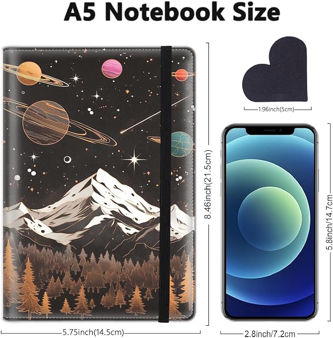 A5 Leather Lined Journal Notebook, 200 Pages Hardcover Executive Notebook for Office School Note Taking, Thick Writing Paper Daily Journal with Bookmarks/Indexes, Universe Galaxy Stars Mountain