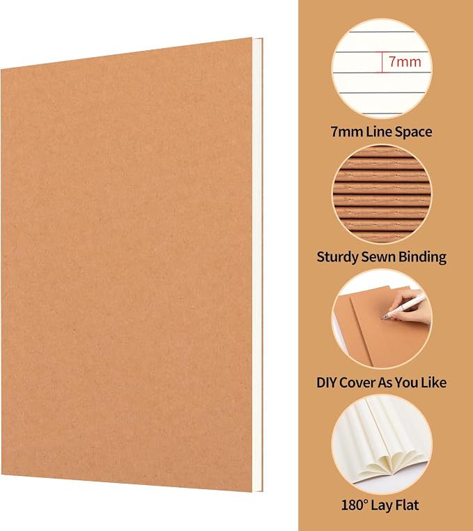 60 Pack A5 Ruled Lined Kraft Notebooks Bulk, Journaling Notebooks, A5 Lined College Ruled Notebook, 8.3x5.5 Inches 60 Pages Travel Journal Notebooks Set for Work, School, Writing