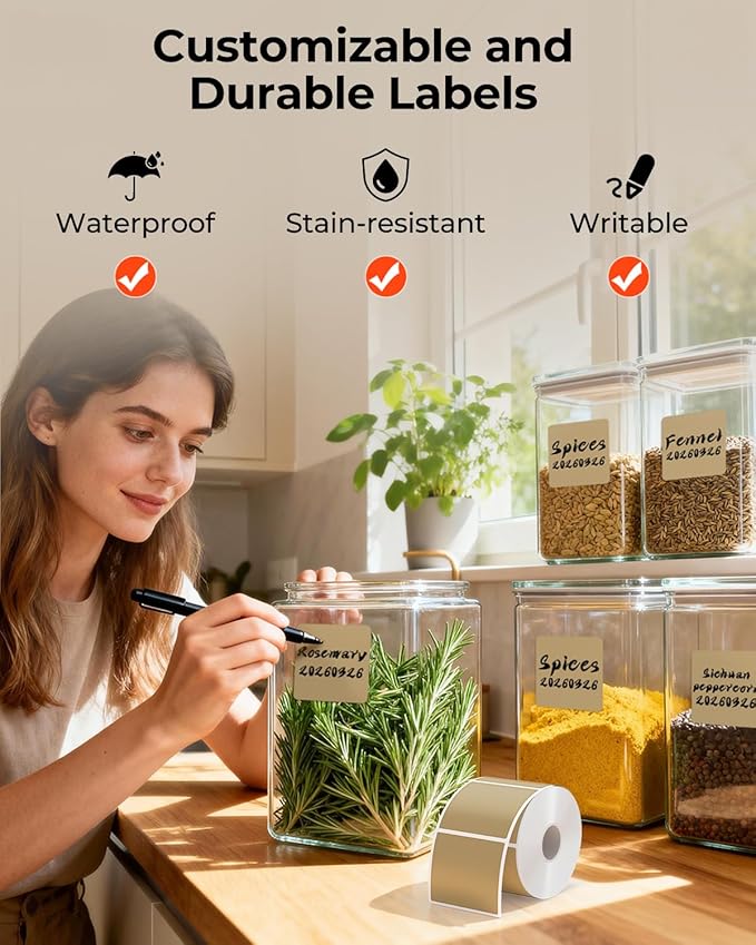 MUNBYN 2x2 Thermal Labels, 750 Sheets/Roll, Brown | Strong Adhesive & Perforated, Non BPA&BPS for Small Business, Barcode, Bakery, Shipping