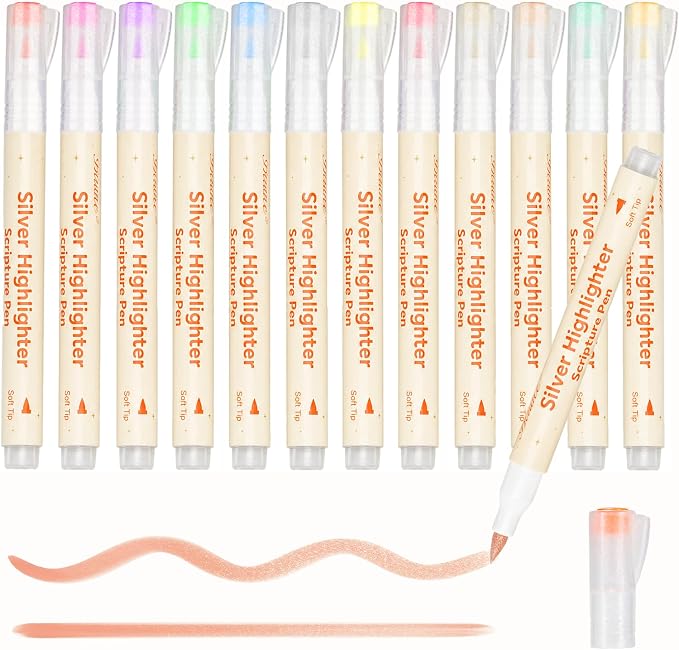 Silver Glitter Highlighter for Bible No Bleed,12Pcs Light Pastel | No Bleed Through Thin Pages, Soft Brush Tip, Lightweight for Long Study Sessions
