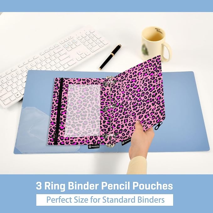 Pink Leopard Cheetah Pencil Pouch Fits Standard 3-Ring Binders, Zipper Binder Pencil Bag with Clear Window for Class Office 2 Pack