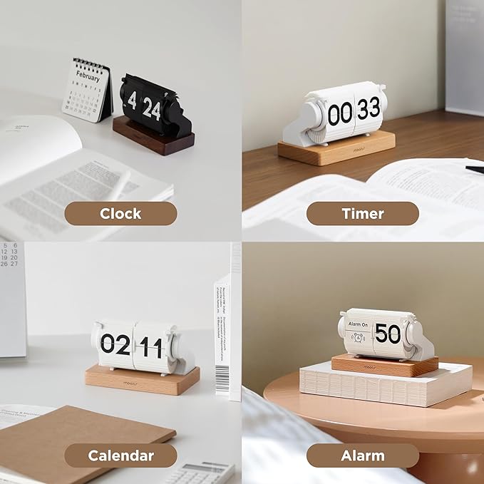 mooas Automatic Mini Flip Clock, Rechargeable, Timer/Alarm/Calendar (Black) | Retro Vintage Design, Automatic Flip Desk Clock, USB-C Charging, Interior Objet for Home Office Living Room Hotel Café