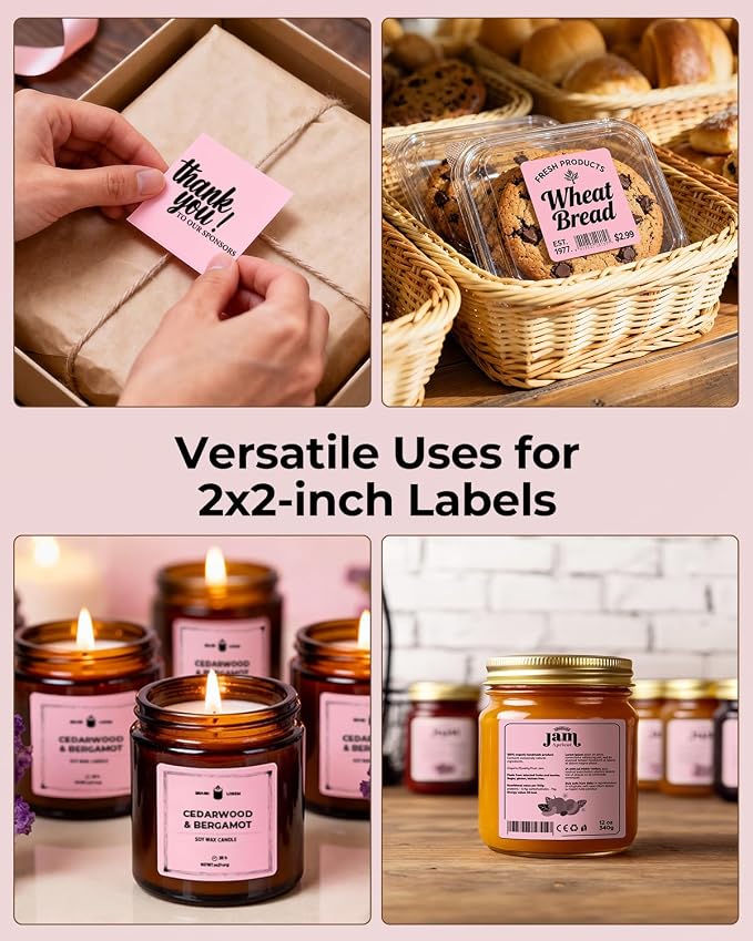 MUNBYN 2x2 Thermal Labels, 750 Sheets/Roll, Pink | Strong Adhesive & Perforated, Non BPA&BPS for Small Business, Barcode, Bakery, Shipping
