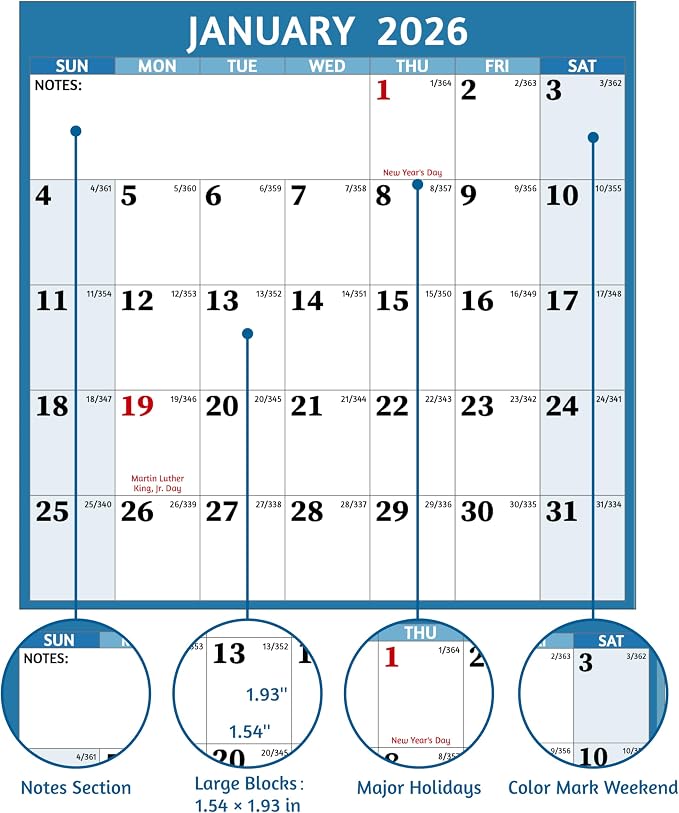 2026 Dry Erase Calendar – Large Yearly Wall calendar 2026, 45.1'' x 33.7'', 2-Side Reversible Calendar 2026, Vertical/Horizontal, Jan 2026 – Dec 2026, 2026 Wall Calendar with Notes, Stickers