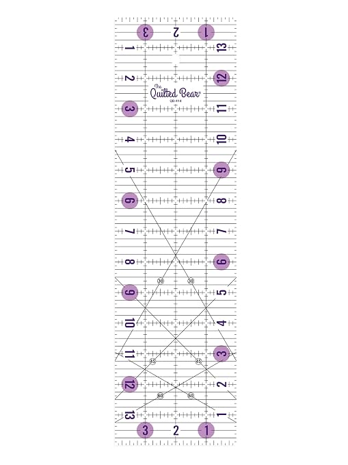 The Quilted Bear Rectangular Acrylic Quilting Ruler, 4" x 14" | Non-Slip, Precise Bold Lines, 30, 45 & 60 Degree Angles, 3mm Thick Transparent Acrylic, for Quilt Blocks, Sewing & Craft