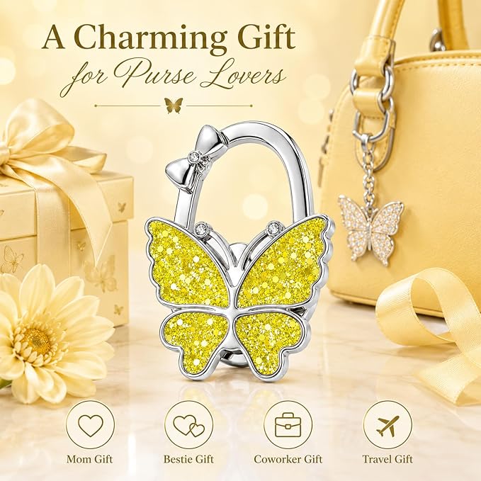 Purse Hook for Table, Foldable Handbag Hanger for Women, Portable Bag Holder with Non-Slip Base, Cute Sequin Yellow Butterfly Purse Table Hook for Restaurant Office Travel Gift