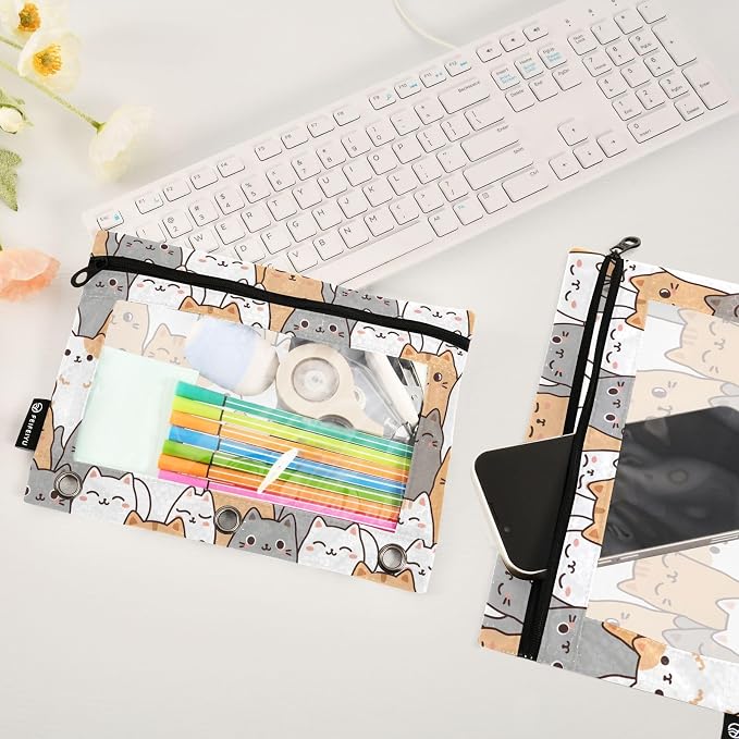 ALAZA Pencil Pouch for 3 Ring Binder, Cartoon Kitten Kitty Binder Pencil Pouches with Clear Window Zipper Pencil Case Cosmetic Bags for Office College Supplies, 2PCS