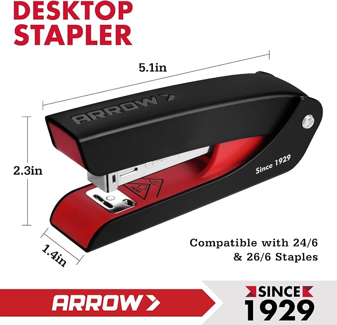 Arrow Office Stapler Set, 25 Sheet Capacity Metal Desk Stapler with 2100 Staples and Staple Remover, Half Strip Design and Non-Slip Base, Spare Staple Storage for Classroom, Office and Home