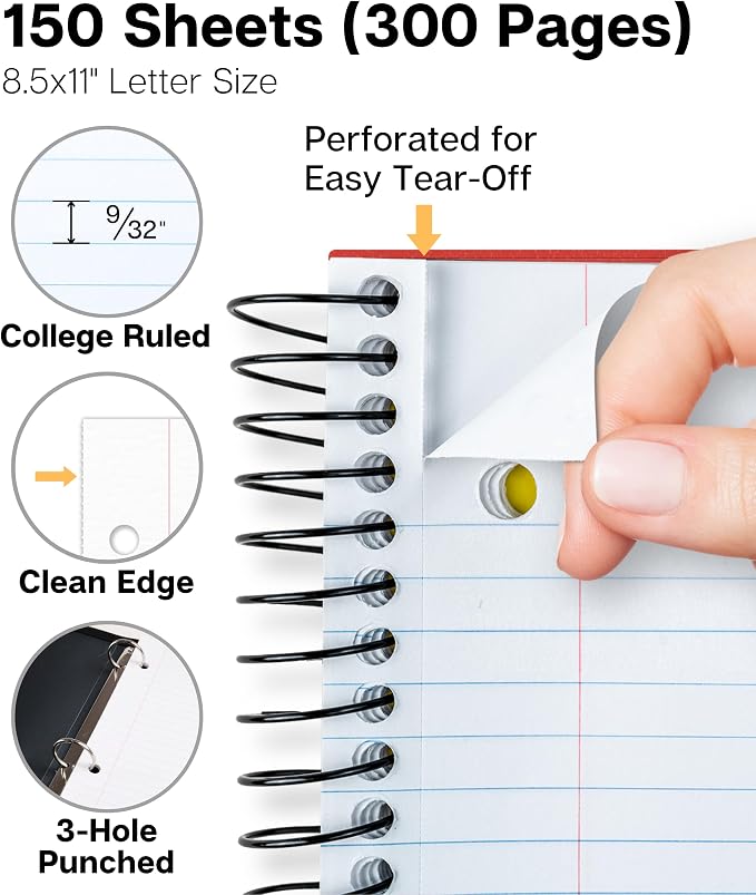 Dunwell 3-Subject Spiral Notebook College Ruled 8.5x11 (Red), 150 Sheets (300 Pages), Tabs, Color Movable Divider Pockets, Protective Plastic Covers, 3-Hole Punched Tear-Off Paper
